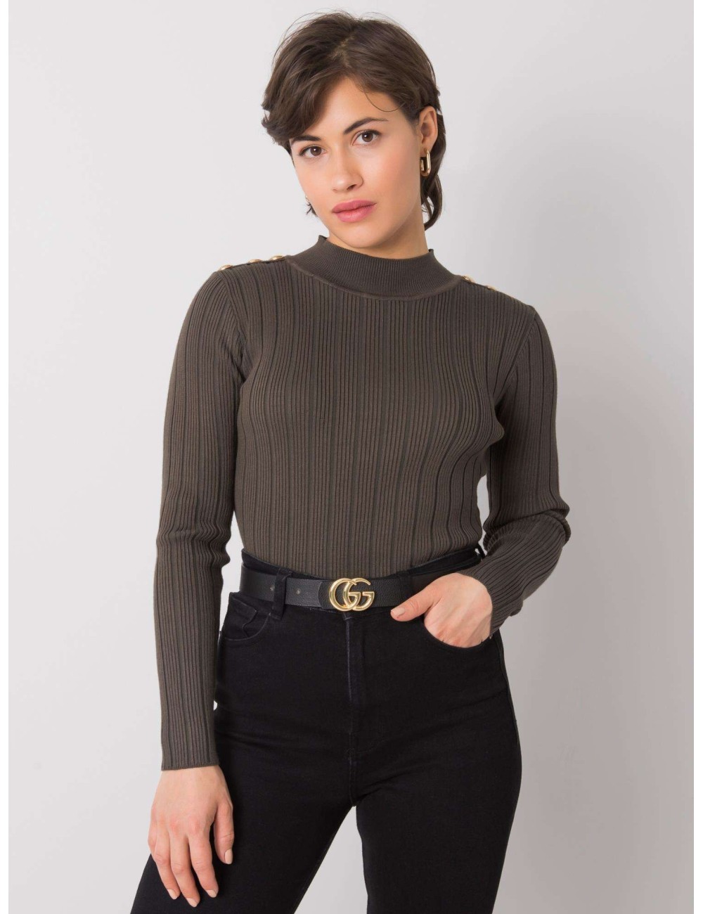 Khaki sweter damski w prążki