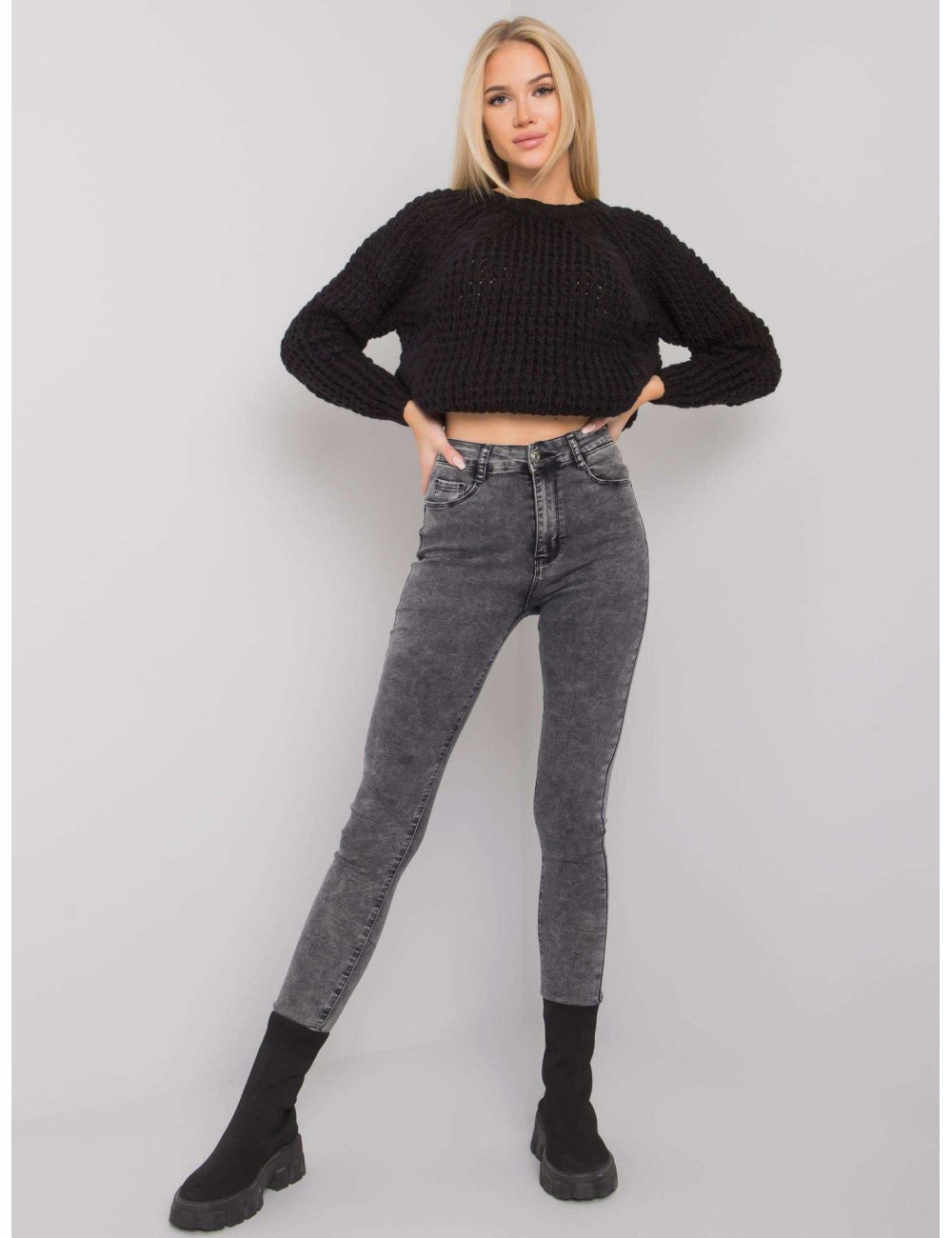 Szare jeansowe rurki high waist