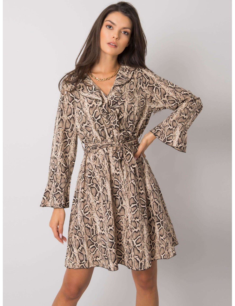 Beżowo-czarna sukienka animal print