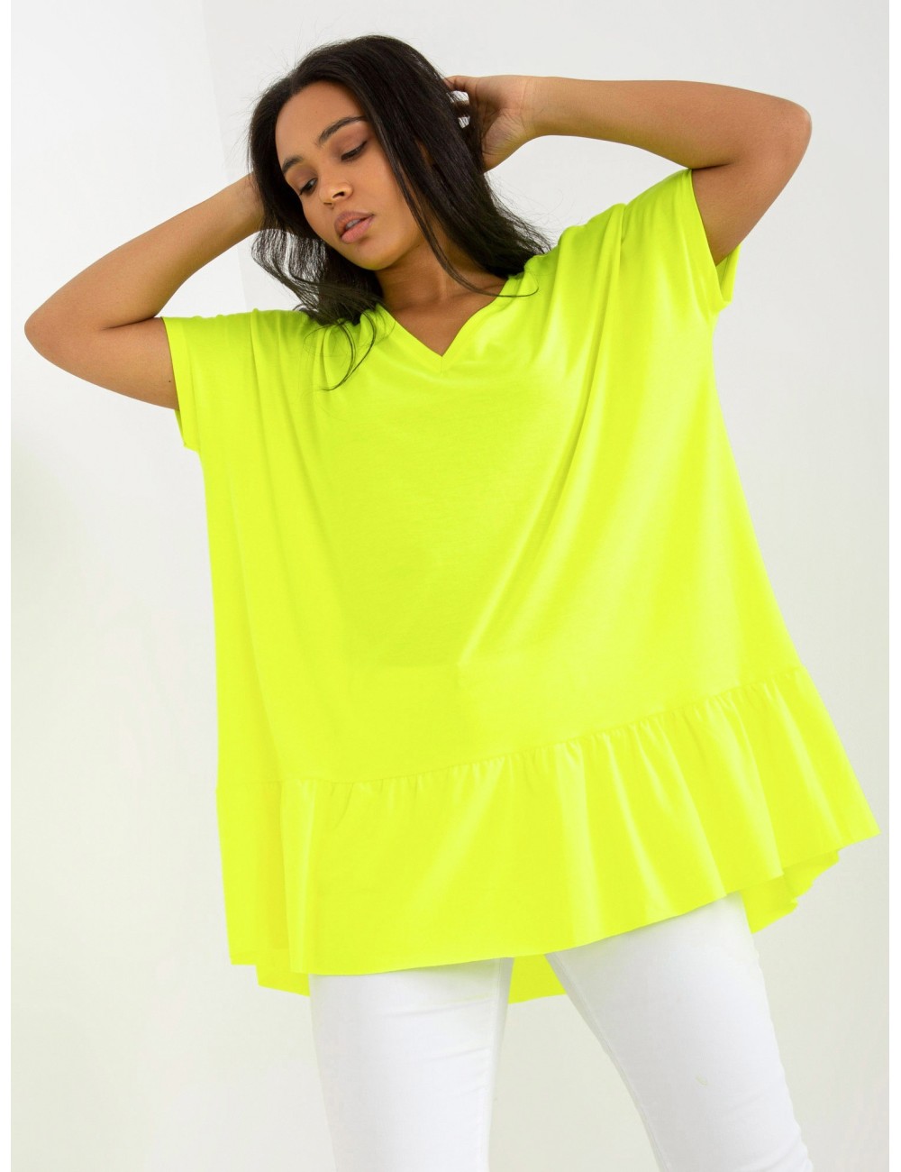Żółta codzienna tunika plus size z dekoltem w serek