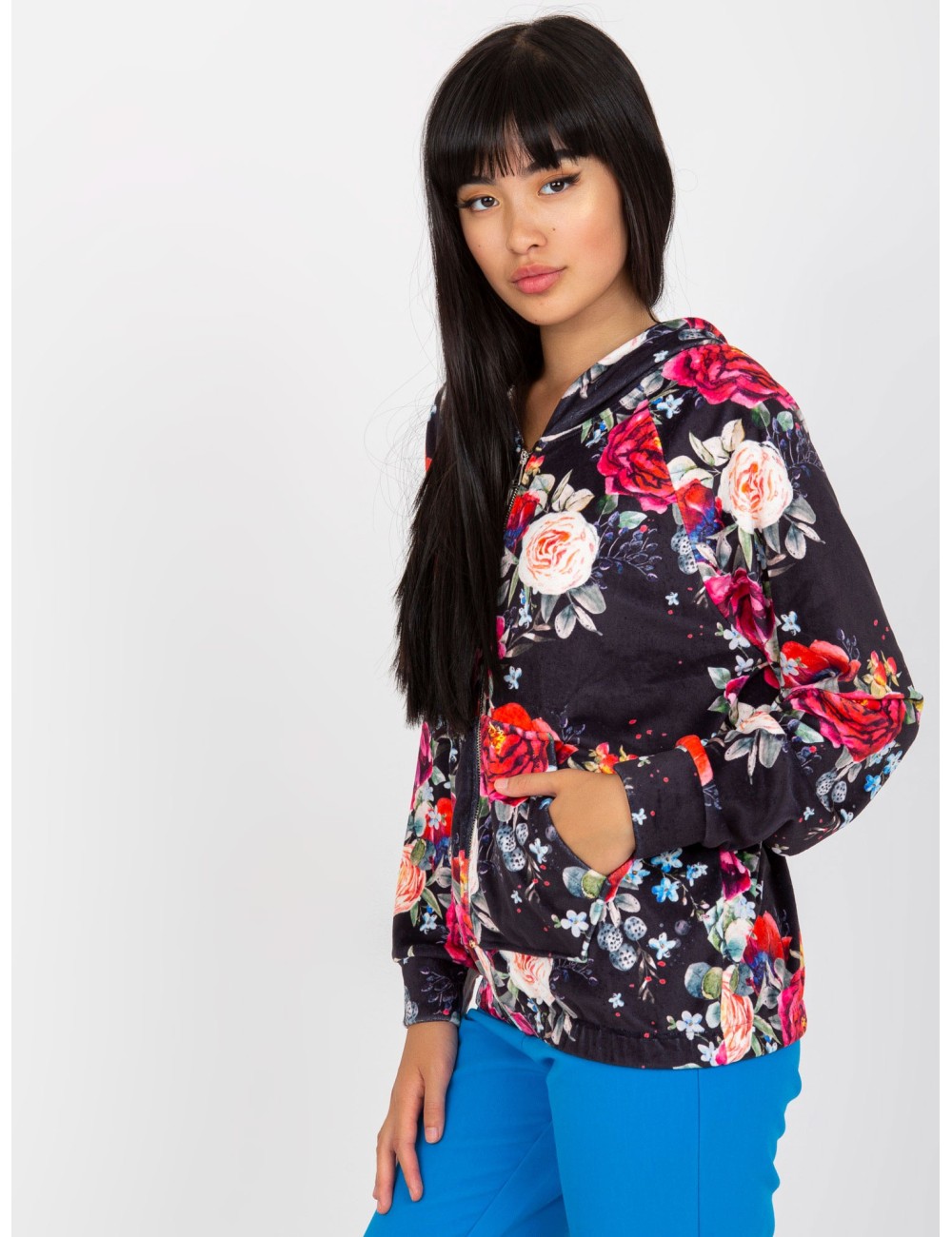 Biała welurowa bluza rozpinana w kwiaty RUE PARIS