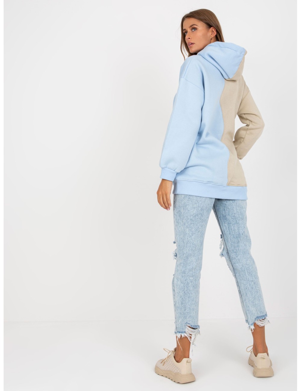 Beżowo-niebieska damska bluza basic z kapturem RUE PARIS