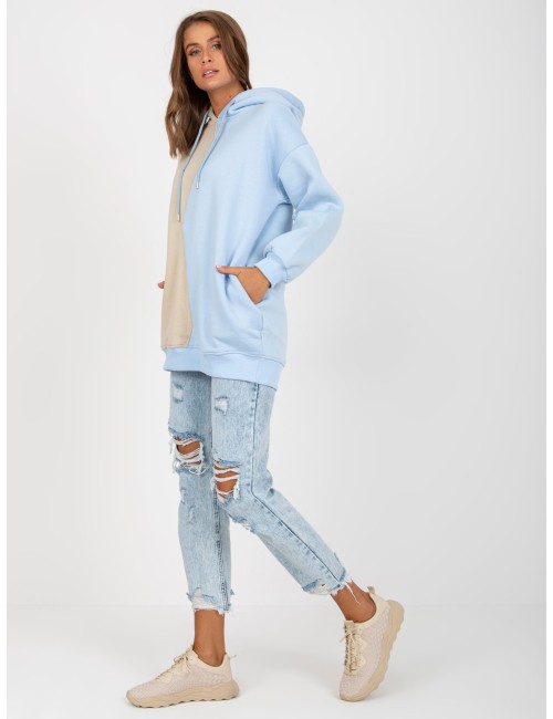 Beżowo-niebieska damska bluza basic z kapturem RUE PARIS