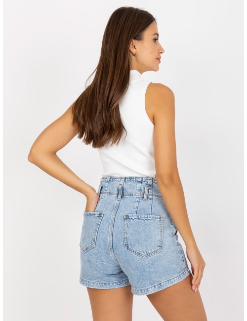 Niebieskie szorty jeansowe damskie high waist z efektem sprania