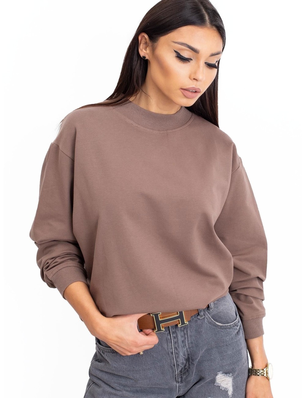 Kawowa bawełniana bluza basic