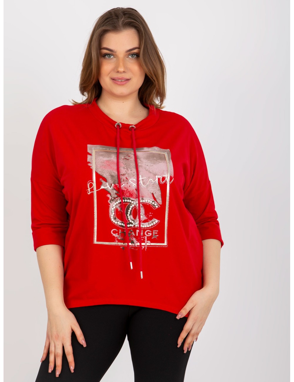 Bluzka plus size z perełkami i rękawem 3/4