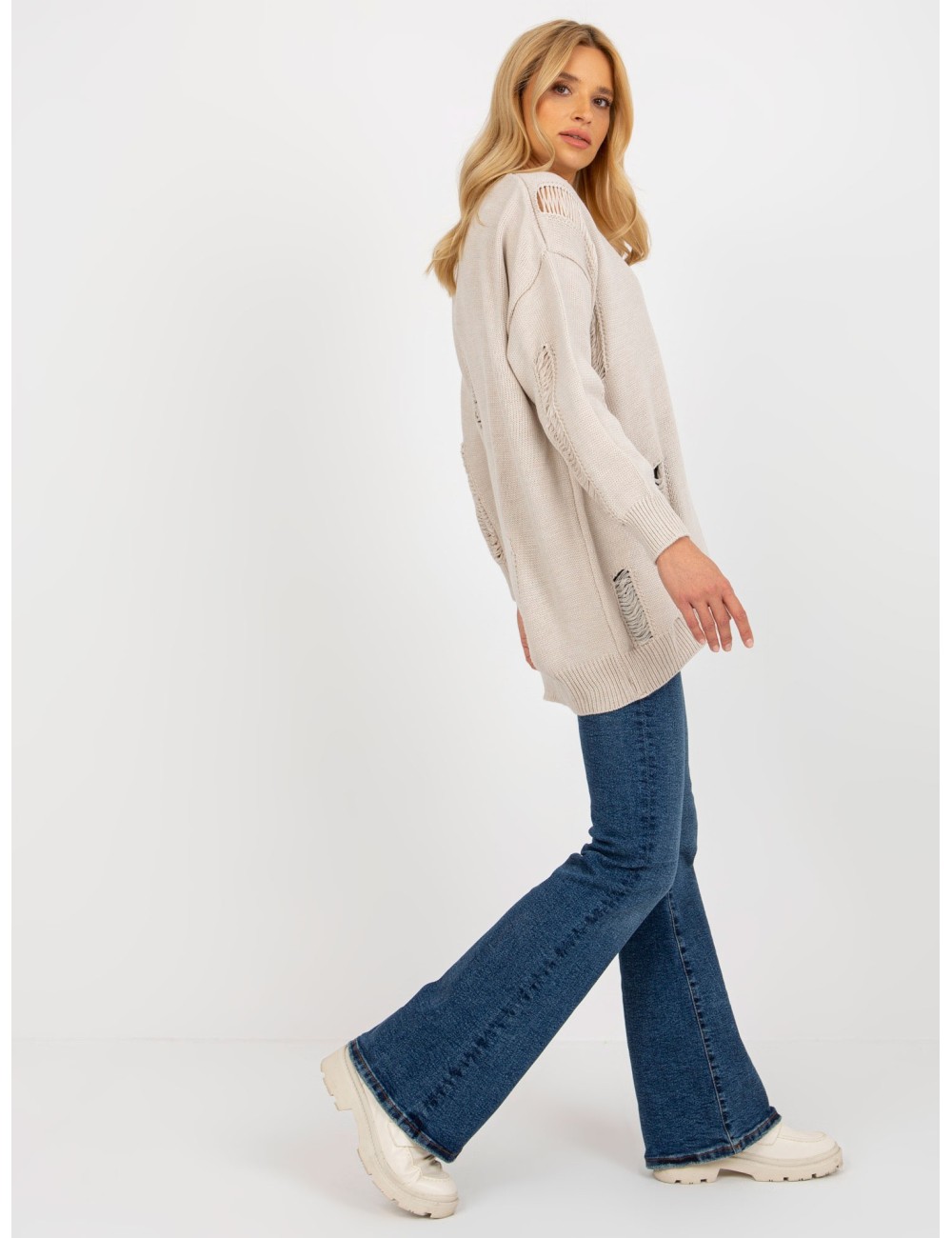 Luźny sweter rozpinany z dziurami RUE PARIS