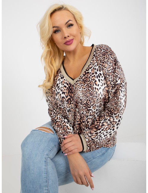 Beżowo-czarna welurowa bluzka plus size z nadrukiem