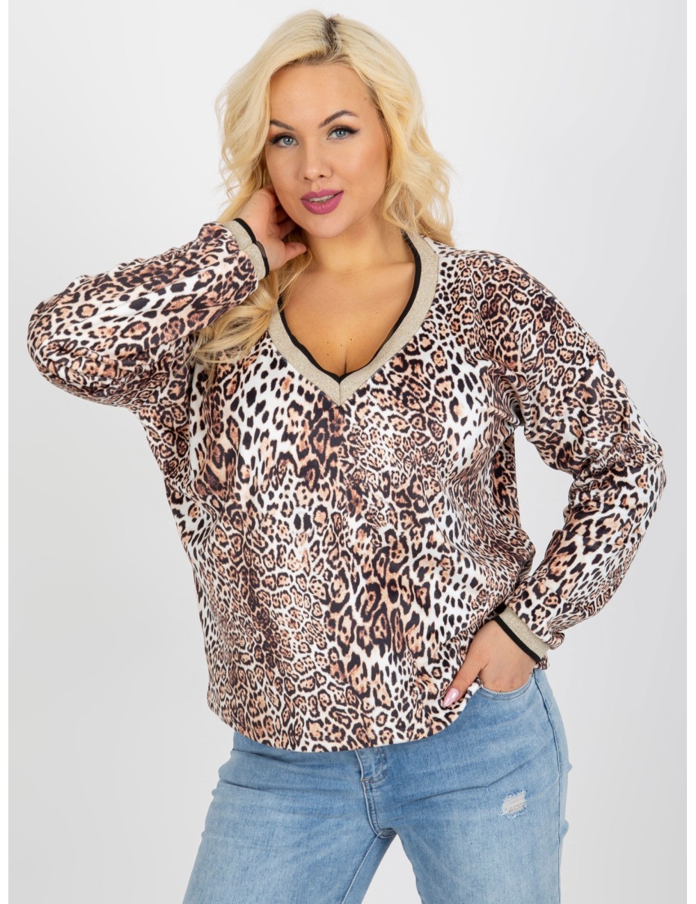 Beżowo-czarna welurowa bluzka plus size z nadrukiem