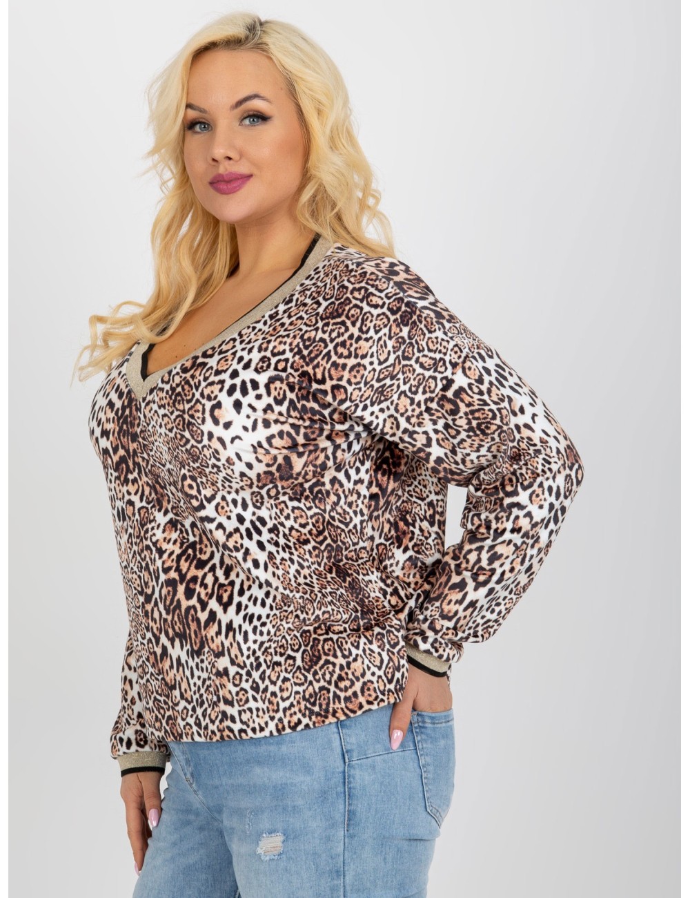 Beżowo-czarna welurowa bluzka plus size z nadrukiem