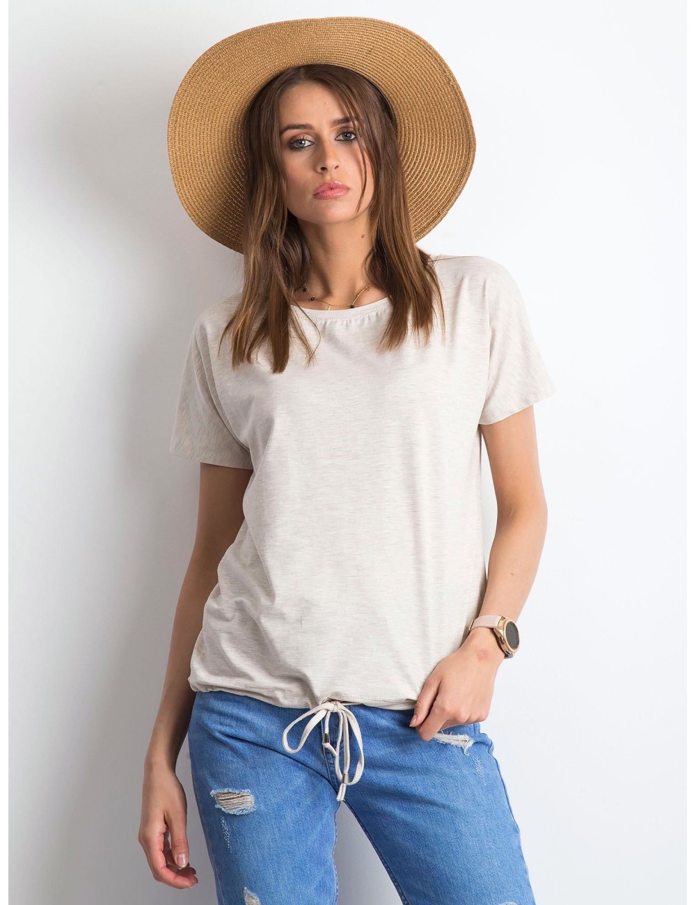 Damski melanżowy t-shirt z bawełny beżowy