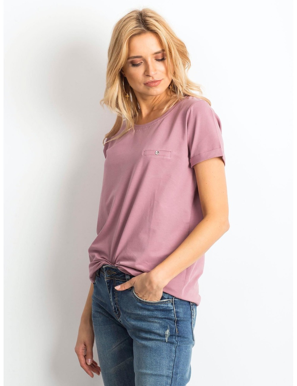 Bawełniany t-shirt damski basic brudnoróżowy