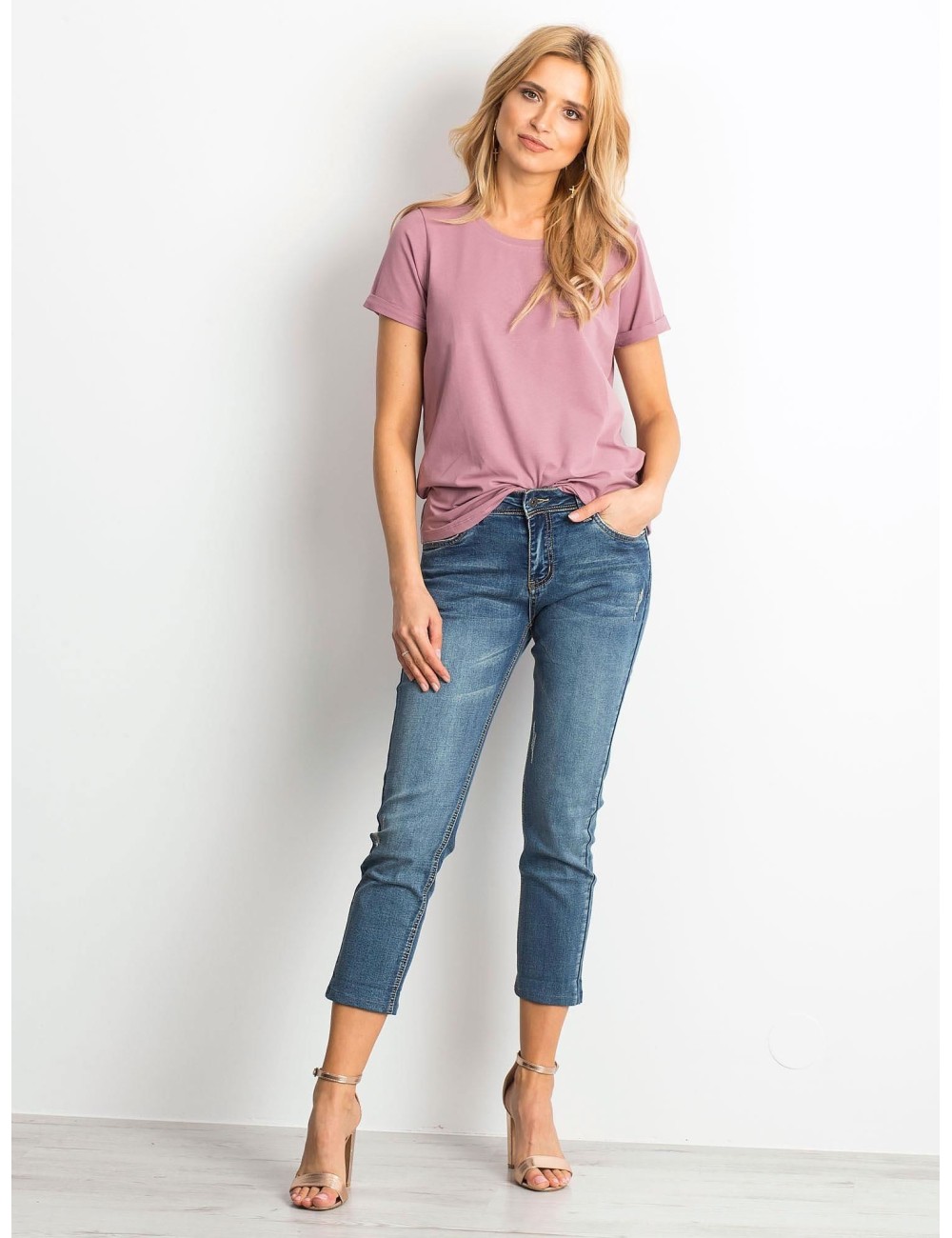 Bawełniany t-shirt damski basic brudnoróżowy