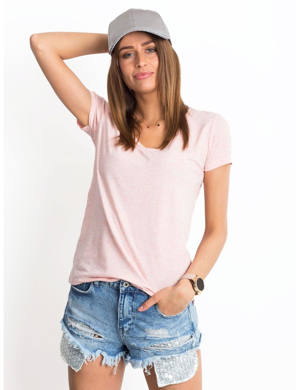Melanżowy t-shirt w serek różowy