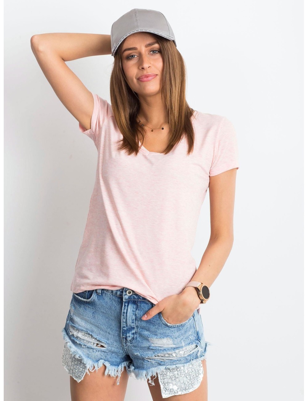 Melanżowy t-shirt w serek różowy