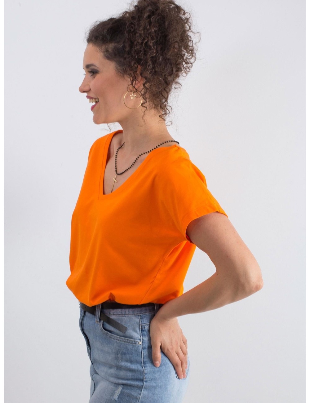 Bawełniany t-shirt V-neck fluo