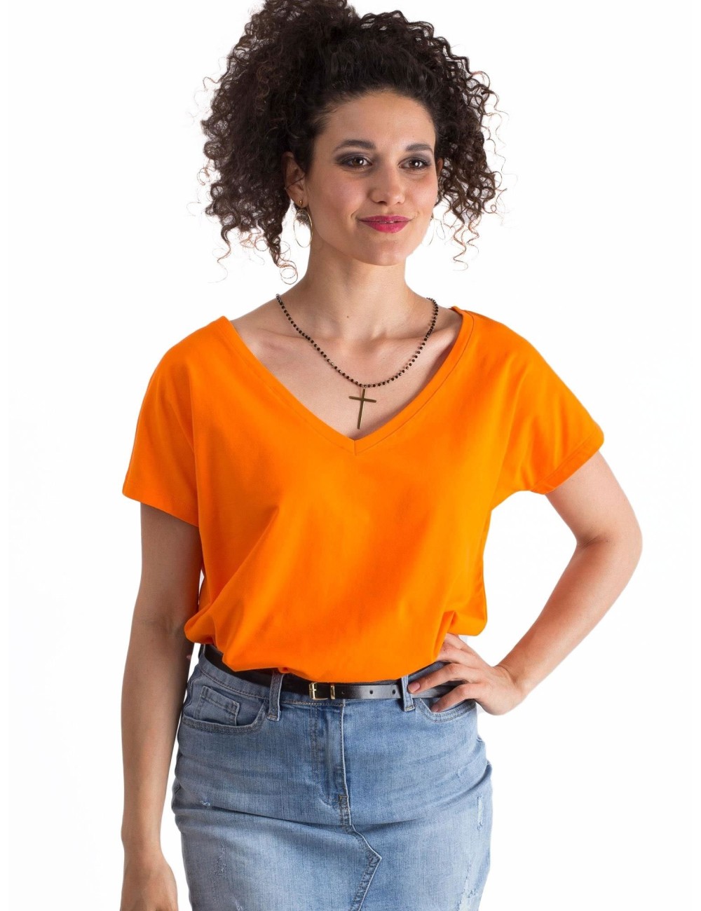 Bawełniany t-shirt V-neck fluo
