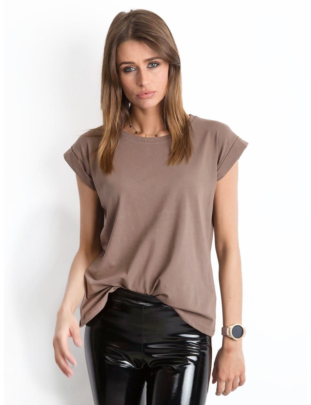 Gładki t-shirt damski kawowy