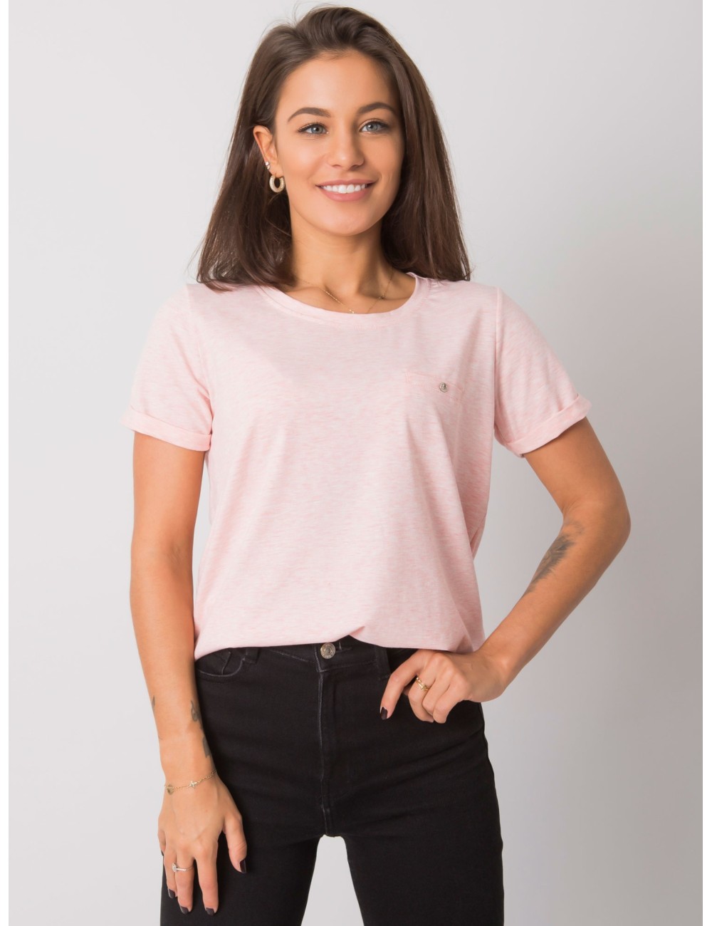Bawełniany melanżowy t-shirt damski basic różowy