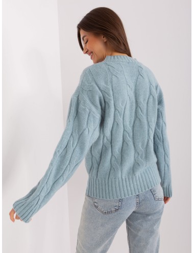 Jasnomiętowy dzianinowy sweter z warkoczami