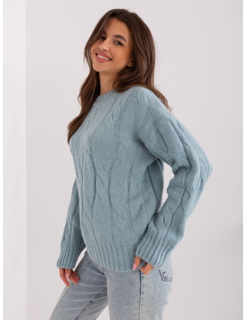 Jasnomiętowy dzianinowy sweter z warkoczami