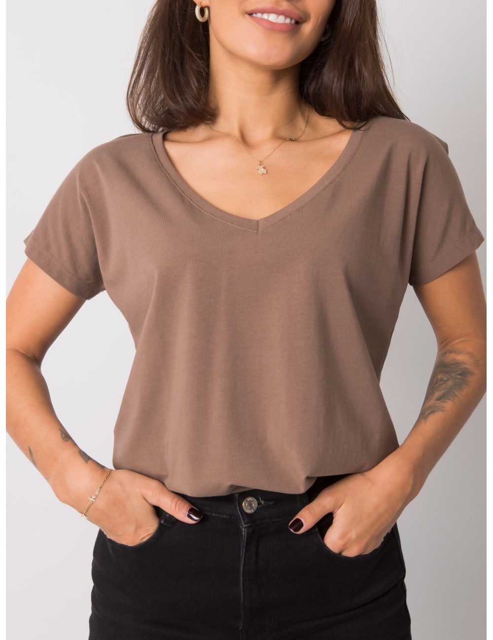 Bawełniany t-shirt V-neck kawowy