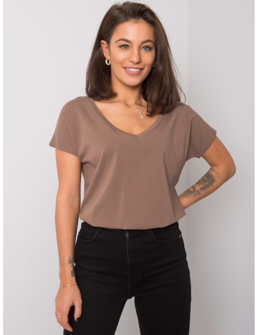 Bawełniany t-shirt V-neck kawowy