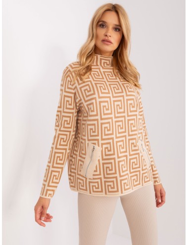 Brązowo-czarny wzorzysty sweter golf damski