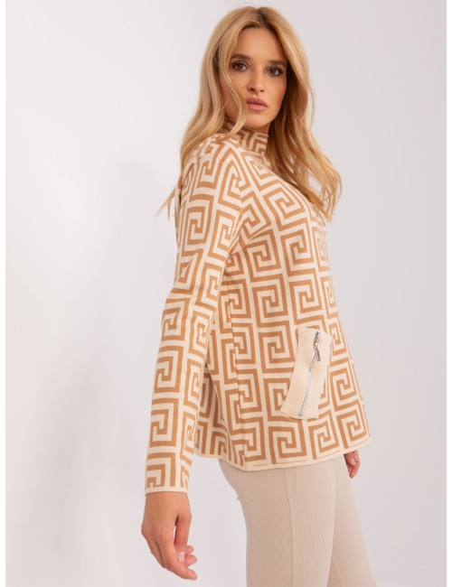 Brązowo-czarny wzorzysty sweter golf damski