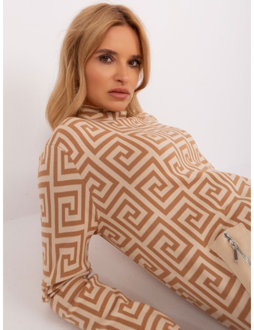 Brązowo-czarny wzorzysty sweter golf damski