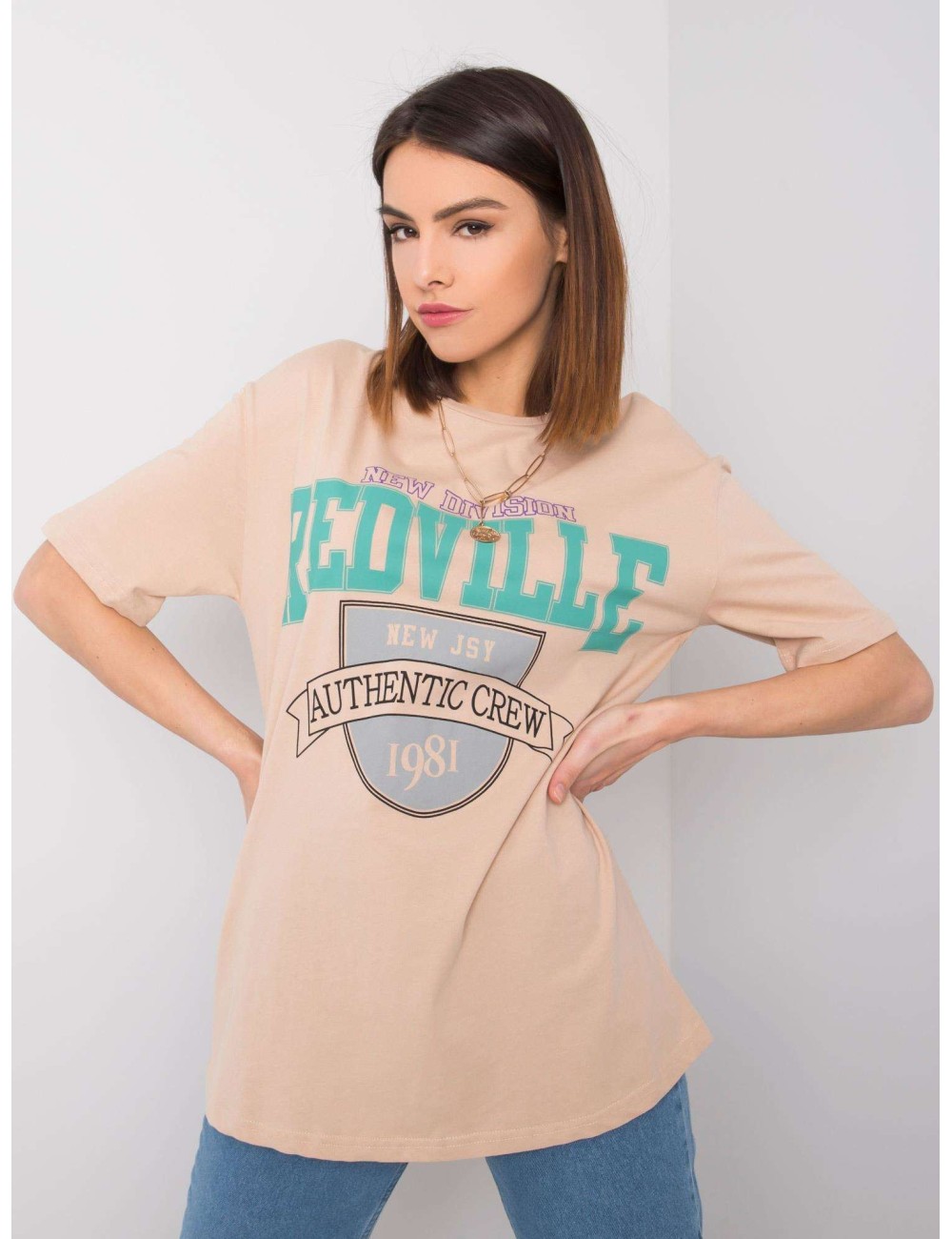 RUE PARIS Beżowy t-shirt damski z printem