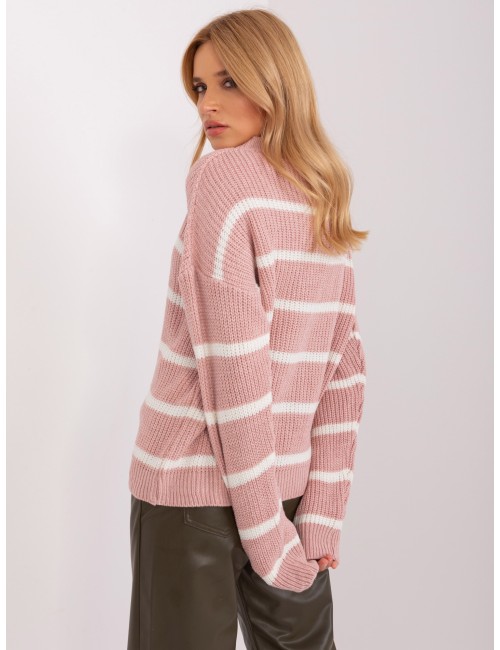 Różowo-biały sweter oversize w paski z domieszką wełny