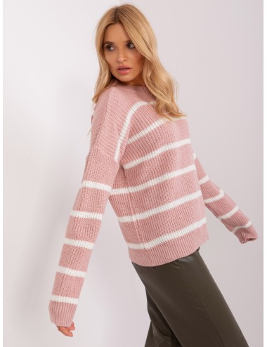 Różowo-biały sweter oversize w paski z domieszką wełny