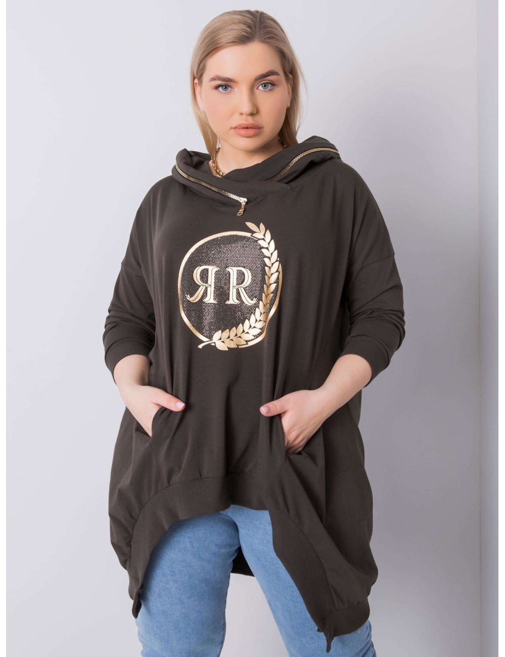 Khaki bluza plus size z kapturem