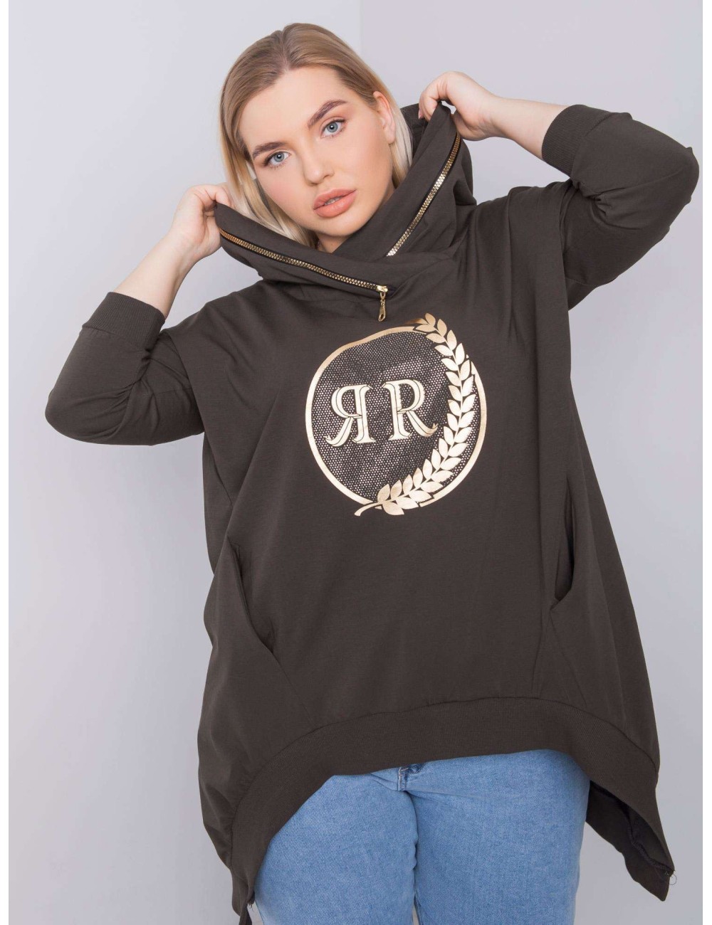 Khaki bluza plus size z kapturem