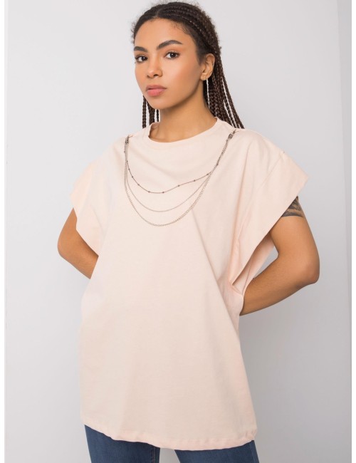 RUE PARIS Brzoskwiniowy t-shirt z naszyjnikiem