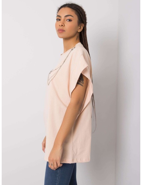RUE PARIS Brzoskwiniowy t-shirt z naszyjnikiem