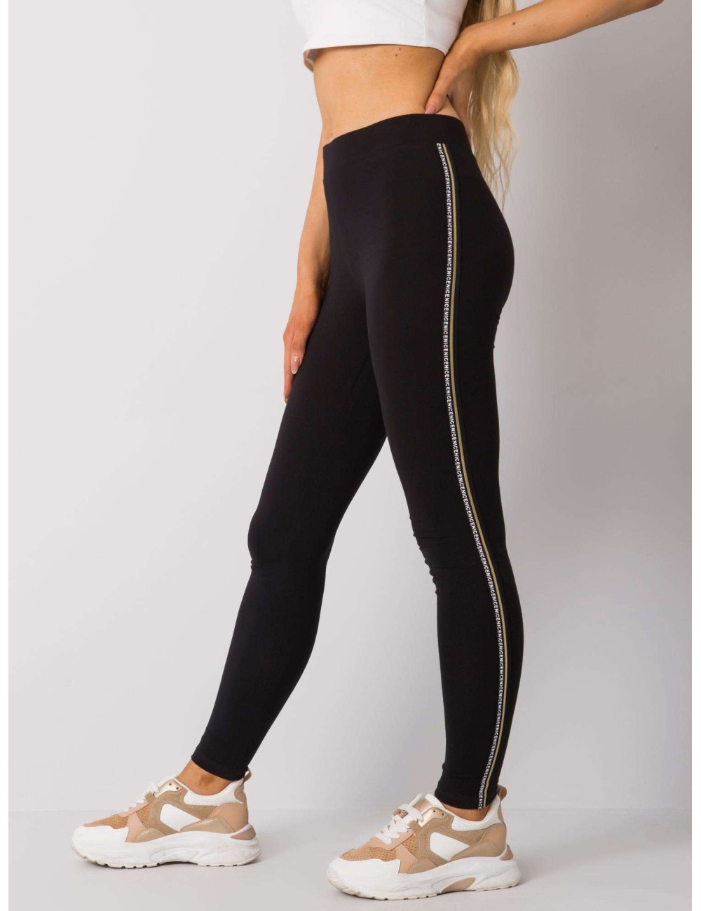 RUE PARIS Czarno-złote legginsy z lampasami