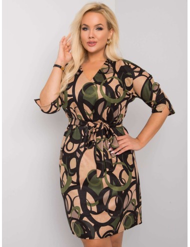 Beżowo-zielona wzorzysta sukienka plus size
