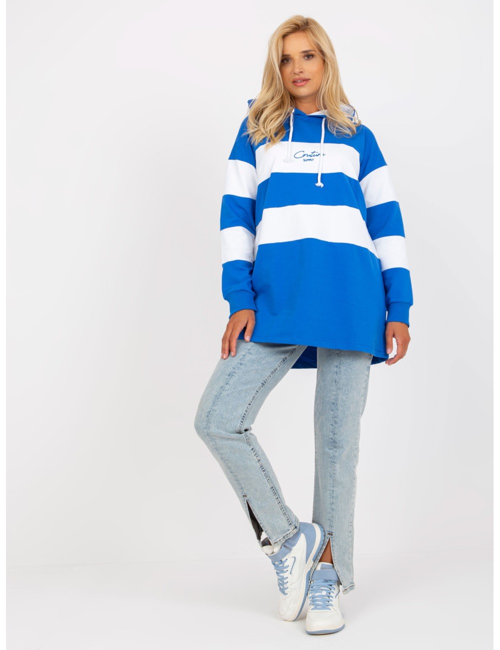 Niebiesko-biała bluza z kapturem w paski RUE PARIS