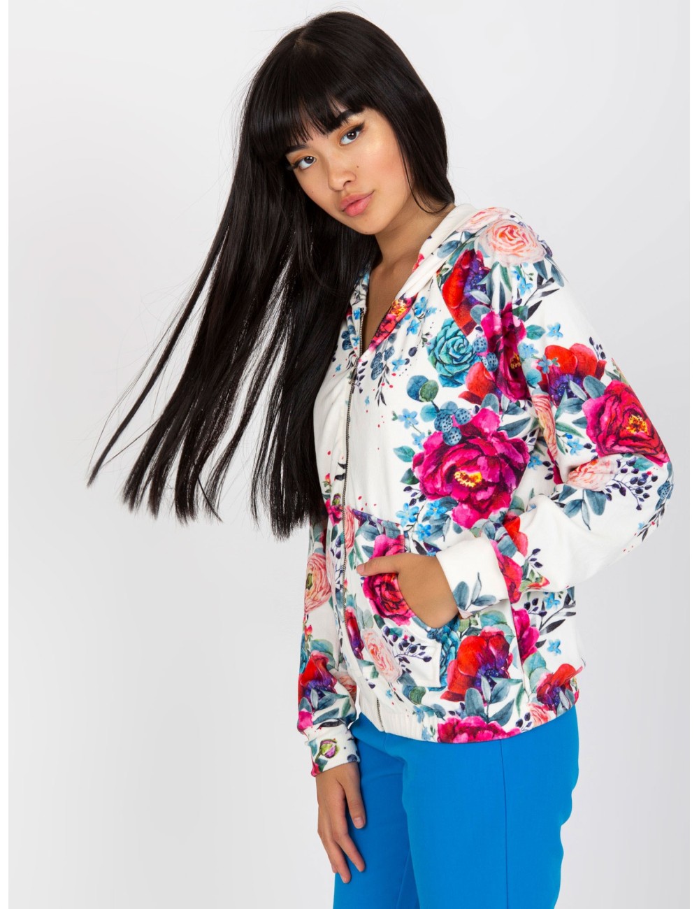 Biała welurowa bluza rozpinana w kwiaty RUE PARIS