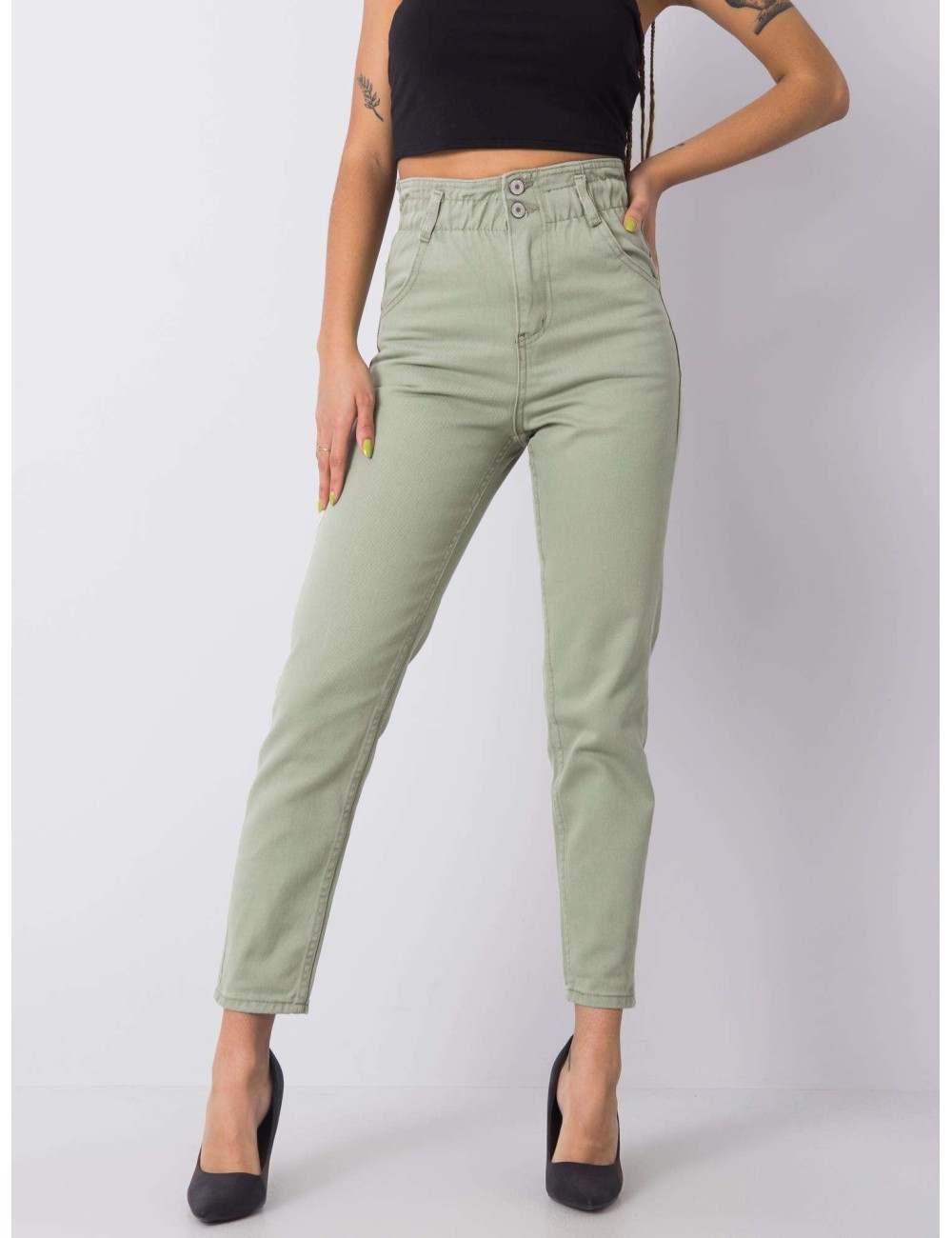 RUE PARIS Khaki jeansy high waist