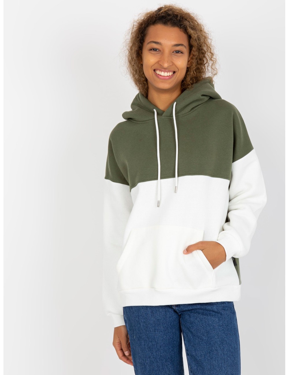 Zielono-ecru dresowa bluza basic kangurka RUE PARIS