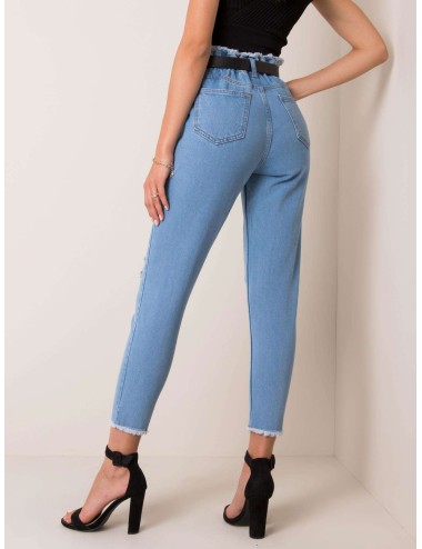RUE PARIS Niebieskie jeansy high waist z przetarciami