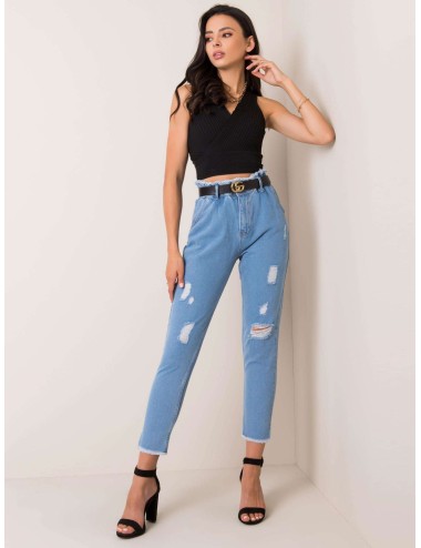 RUE PARIS Niebieskie jeansy high waist z przetarciami