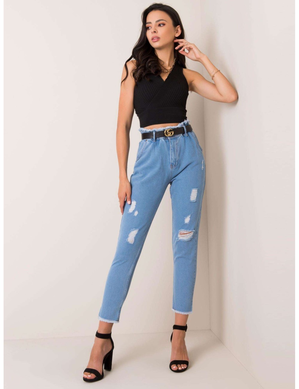 RUE PARIS Niebieskie jeansy high waist z przetarciami