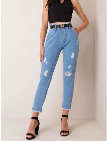 RUE PARIS Niebieskie jeansy high waist z przetarciami