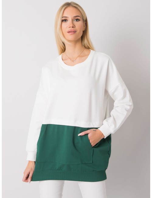 RUE PARIS Ecru-ciemnozielona bluza damska kangurka