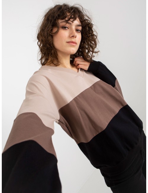 Beżowo-czarna bluza basic z dekoltem w serek RUE PARIS