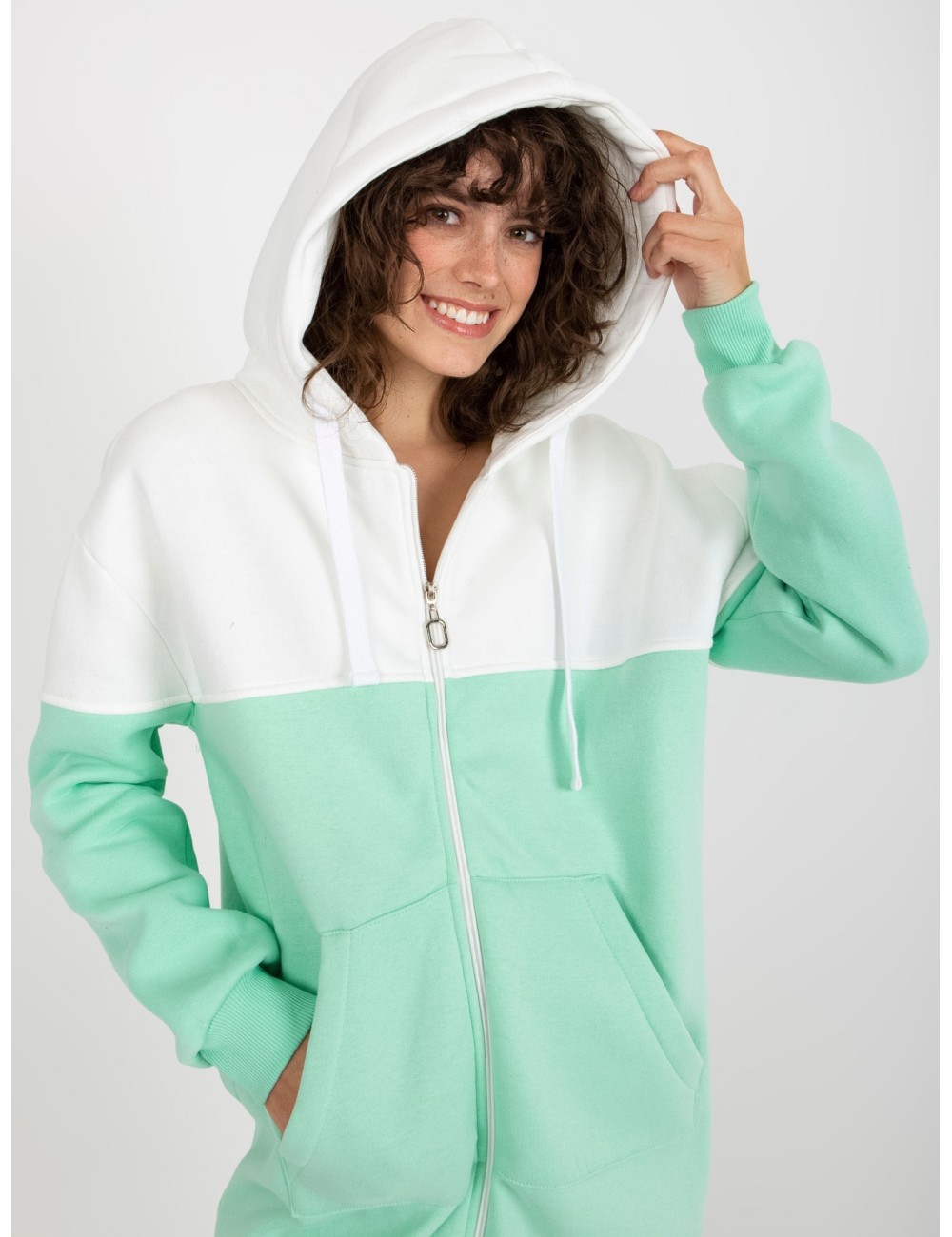 Ecru-szara dresowa długa bluza basic z suwakiem